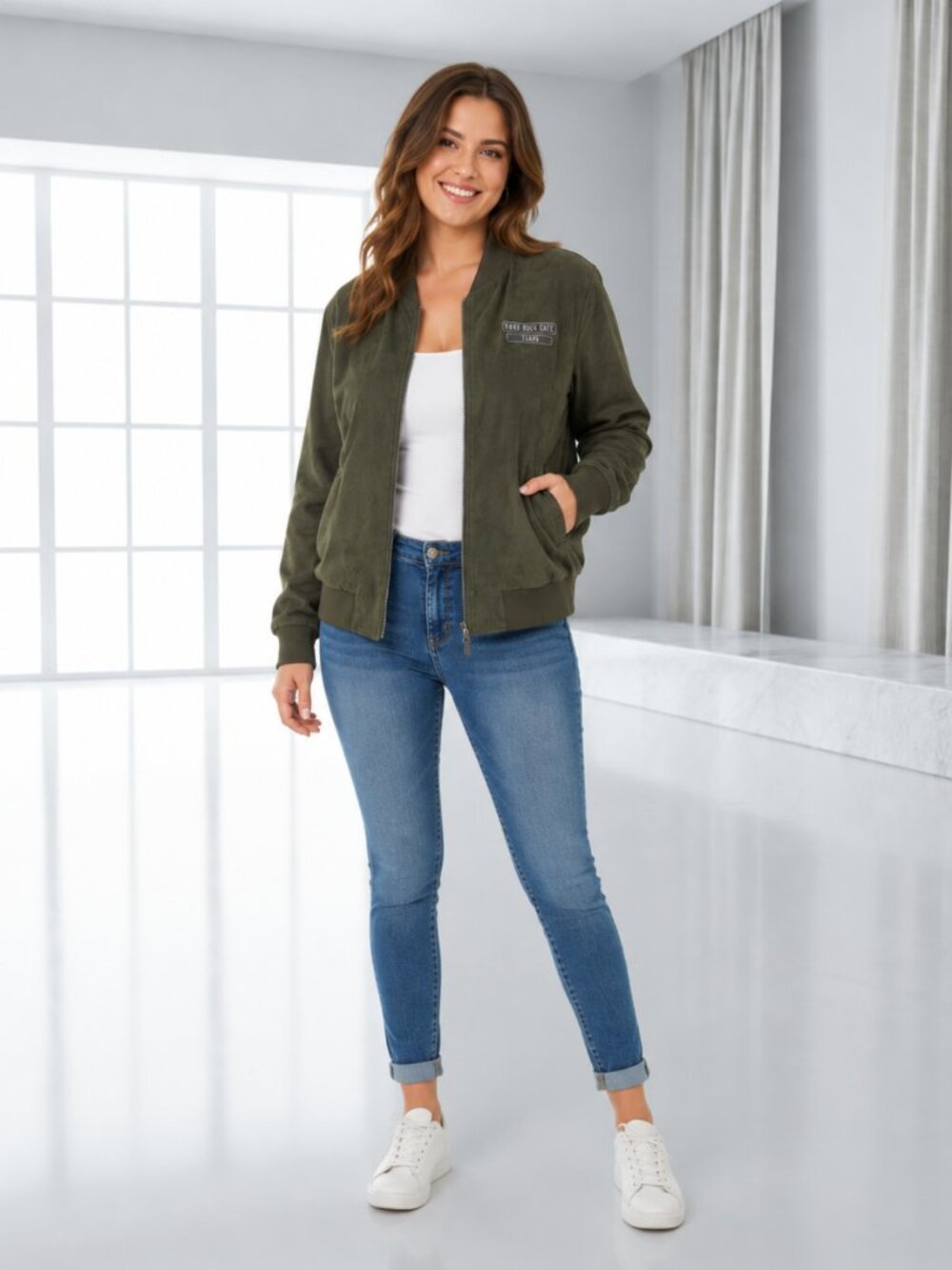 Hard Rock Cafe Tampa Olive Green Velvet Feel Bomber Jacket Full Zip Medium